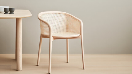 A stylish and modern chair with light wood frame and woven cane seat, placed next to minimalist table. This design adds touch of elegance to any interior space