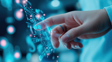 A futuristic hand interacts with digital interfaces, showcasing technology and innovation through glowing data and holographic elements.