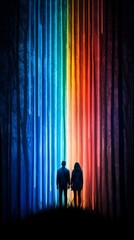 Fototapeta premium A couple stands in a dark forest, illuminated by vibrant, vertical beams of rainbow-colored light, creating a surreal and enchanting atmosphere.