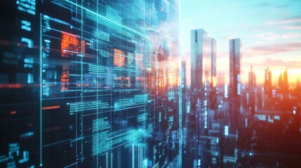 Digital Metropolis at Sunset: Futuristic cityscape merges with a dynamic digital interface, showcasing technological advancement and urban innovation at sunset.  