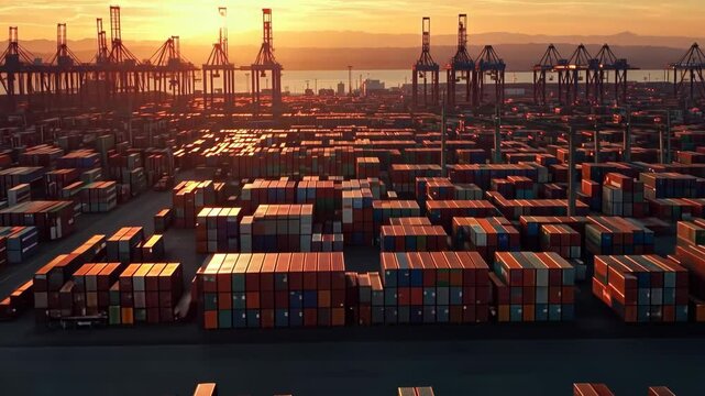 A stunning sunset illuminates rows of shipping containers and cranes at a bustling industrial port by Generative Ai.