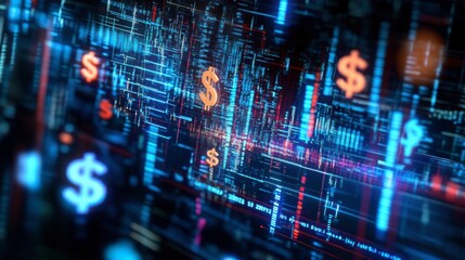 Digital Currency: A futuristic abstract digital currency concept with glowing dollar signs, representing the evolving landscape of finance and digital assets. 