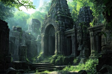 Naklejka premium Exploring the mystical ruins of an ancient jungleclad palace lush greenery and intricate stonework serene environment captivating viewpoint