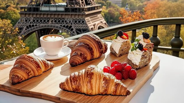 A delightful Parisian breakfast featuring croissants, pastries, fresh berries, and coffee with the Eiffel Tower as a stunning backdrop by Generative AI.