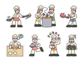 Busy chefs working in a restaurant kitchen. Cooking is hard and the chefs are making mistakes. Cuttiny character with outline.