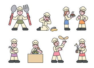 Cute chef characters. The chefs make mistakes, get checked by the chef, check the cooking tools, and make pizza dough. Cuttiny character with outline.