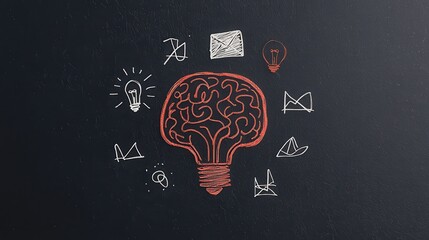A creative illustration of a brain with lightbulbs and abstract icons, representing ideas, creativity, and innovation.