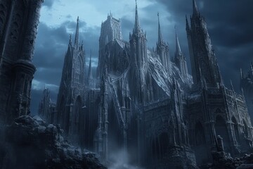 Obraz premium Ruins of a gothic cathedral with towering spire at dusk high-resolution image atmospheric environment captured from a low angle evoking mystery and history