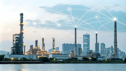 City Skyline Factory Silhouette Digital Network Connectivity Glossy Image