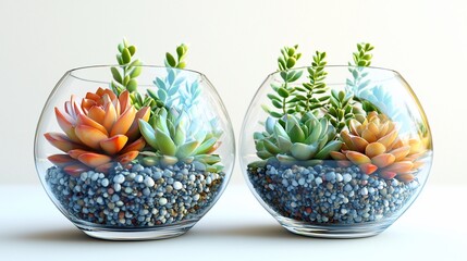 Two glass bowls with succulent plants and pebbles.