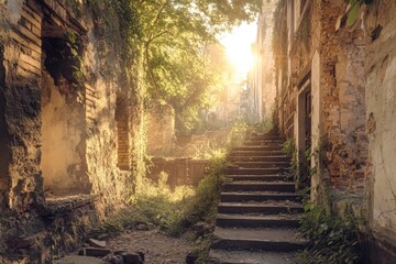 Exploring the sunlit ruins of a forgotten city crumbling structures amidst nature's embrace in a serene environment at dusk