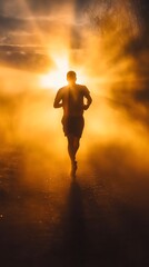 Obraz premium Runner silhouetted against a sunrise AI generated illustration