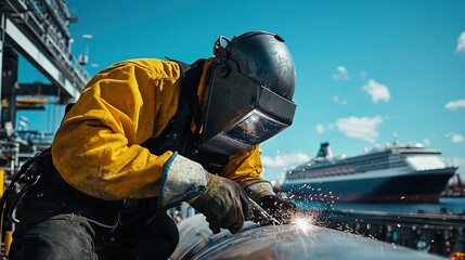 A welder in protective gear works on metal at a shipyard, sparks flying amidst a blue sky.