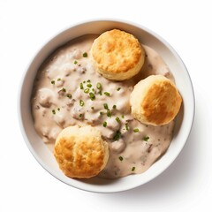  Biscuits and Gravy, Isolated on white background, flat lay