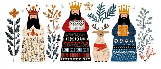 A whimsical illustration of three kings and a reindeer among decorative foliage.