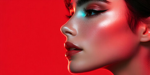 A close-up profile of a woman with dramatic makeup against a vibrant red background.
