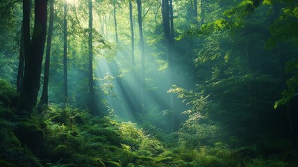 Obraz premium Sunlight streaming through the trees in a lush green forest.
