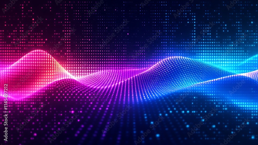 Poster pixelated matrix background with vibrant color gradients, blending digital art, abstract design, and