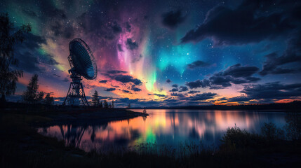 satellite dish stands by calm lake under vibrant aurora borealis, reflecting colors in water