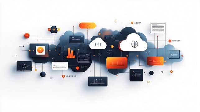 Minimalist cloud computing infographic with sleek icons and clear steps isolated on a transparent background for tech companies