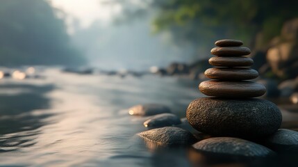 Fototapeta premium zen like photograph deep depth of field and soft relaxing lighting, natural minimalistic calming river background scene out of focus, with a round river rock stack to the side of the composition