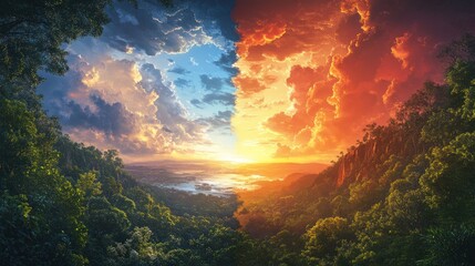 Obraz premium Sunset Over the Valley, Split by Two Colors