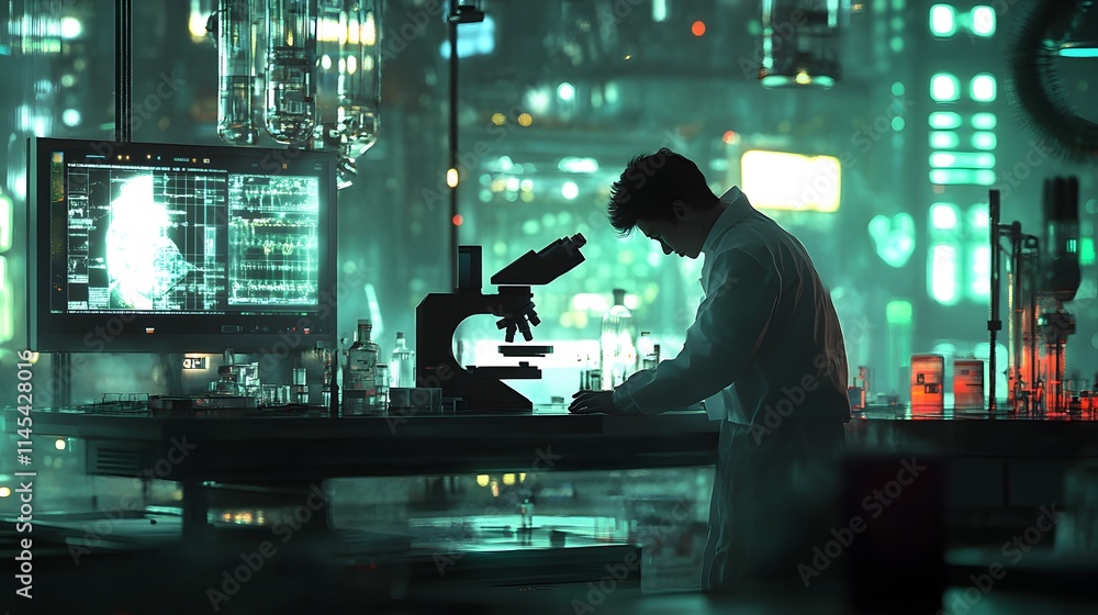 Poster scientist working with a microscope ai generated illustration