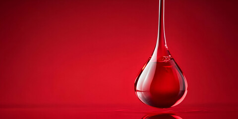 A droplet of red liquid suspended against a vibrant red background.