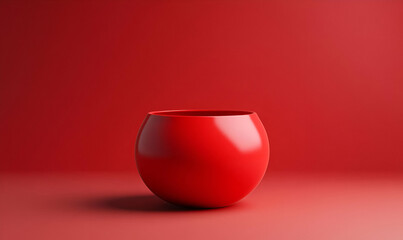 A smooth, glossy red bowl against a matching red background, emphasizing simplicity and color.