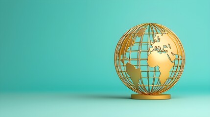 Golden Globe on Stand Against Turquoise Background for Travel Themes