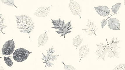 A pattern of various leaves in muted tones on a light background.