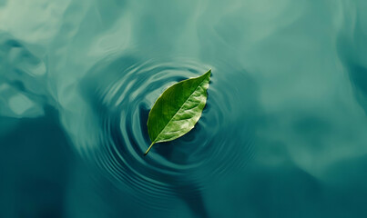 A single green leaf floating on calm water, creating ripples in a serene environment.