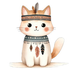 Playful cat wearing tribal headband indoor setting illustration cute whimsical design