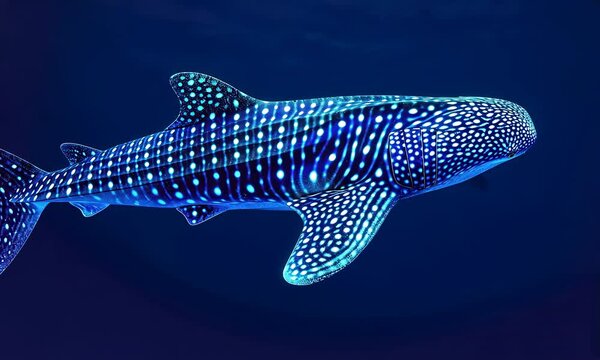 Whale shark illuminated by bioluminescent patterns underwater at night