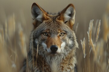 Fototapeta premium Close-up portrait of a coyote in a field of tall grass. The animal's intense gaze and beautiful coat are highlighted against the muted background.