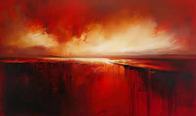 A vibrant abstract landscape with dramatic reds and warm tones, evoking emotion and energy.