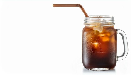 Refreshing iced coffee in a mason jar with a straw.
