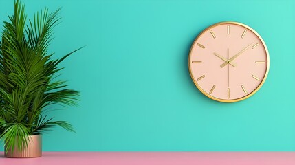 Stylish Indoor Decor with Clock and Green Plant on Colorful Wall