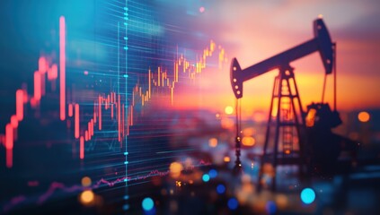 Fototapeta premium Oil Rig Silhouette with Stock Market Data Overlay