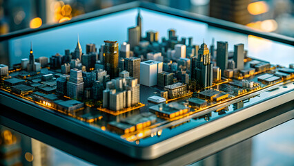 Microchip Cityscape Reflection Close Up Abstract Digital Concept