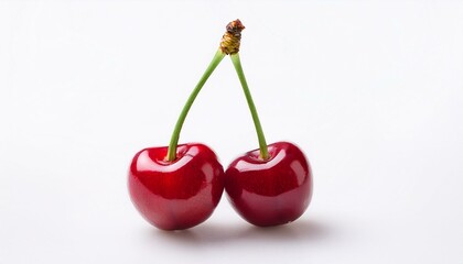 Two ripe cherries, vibrant red against a white background.