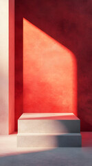 A minimalist scene featuring a textured red wall and a concrete pedestal casting shadows.