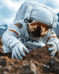 An astronaut examines soil on a distant planet, showcasing exploration and scientific inquiry.