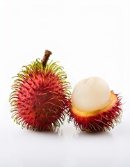 Fresh rambutan fruit, one whole and one open, showcasing its juicy white flesh against a bright white background.