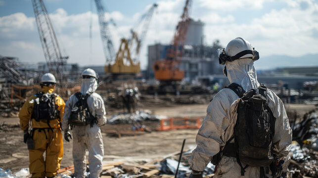 Workers in hazmat suits assess construction site with cranes and machinery. scene conveys sense of urgency and safety