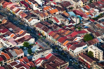 Close-up Aerial View of George Town Streets in Penang, Malaysia