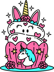 Hand-drawn cute unicorn cake illustration