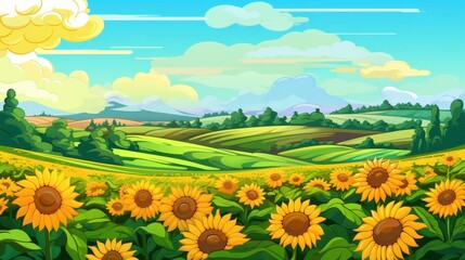 Fototapeta premium Sunflowers Bloom in a Rolling Green Hill Landscape