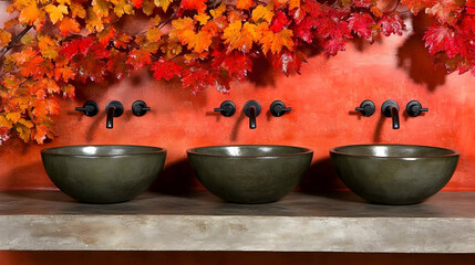 A green circular vessel sink is situated next to a pink coral wall on a stone countertop that is wall mounted. Memphis, modern bathroom interior design in a minimalistic style