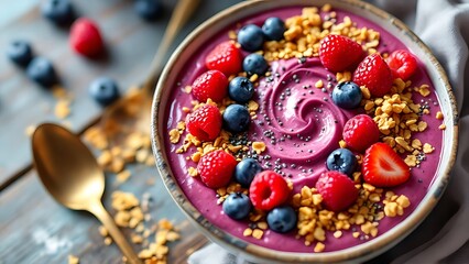 A vibrant smoothie bowl topped with fresh berries, granola, and chia seeds, offering a healthy and delicious breakfast or snack option for wellness and fitness enthusiasts.